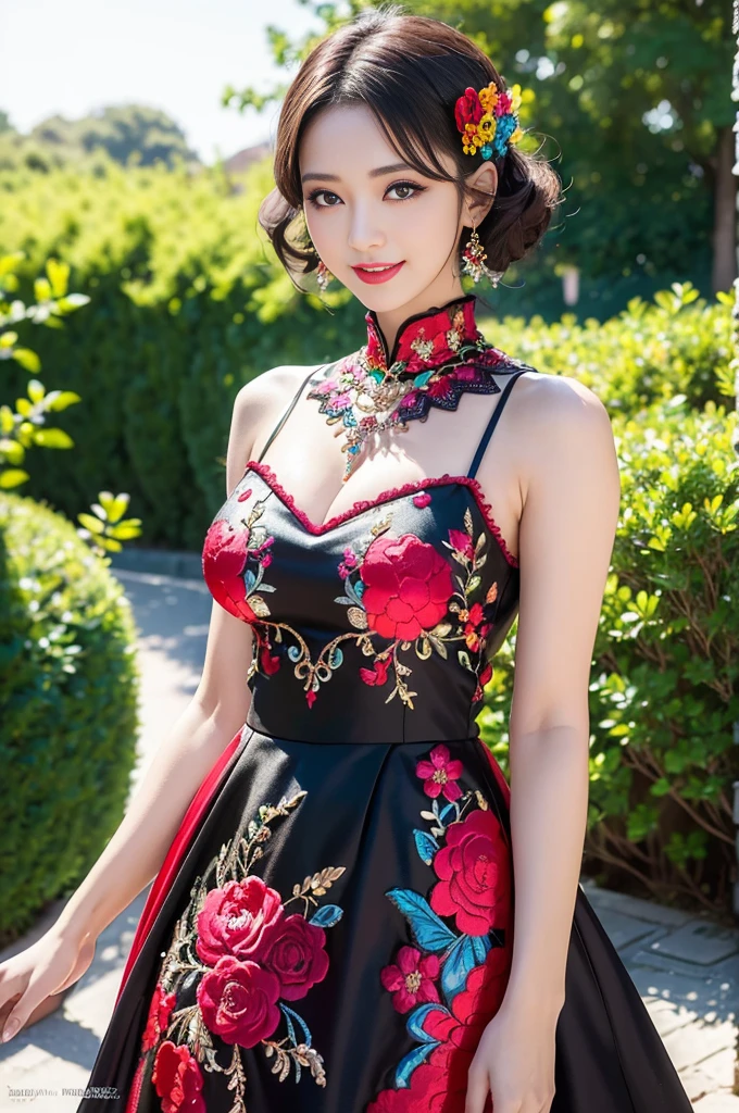 (masterpiece:1.4), (best quality:1.4), ultra high res, ultra high resolution, ((detailed facial features)), HDR, (realistic, photorealistic, photo-realistic:1.37), full body Esbian, sexy Japanese model, (-anime), only 1 model, vivid colors, ((vivid colors colorful very short hair)), (happy smile), lip-gloss, long lashes, gothic makeup, defined eyebrows, wearing large sparkling colorful jewelery, wearing a red silk Paradise Kiss cosplay dress with black floral embroidery, ((vivid colors outfit)), vivid colors, look at the camera, cinematic light, large park background with trees, sweet and sexy pose