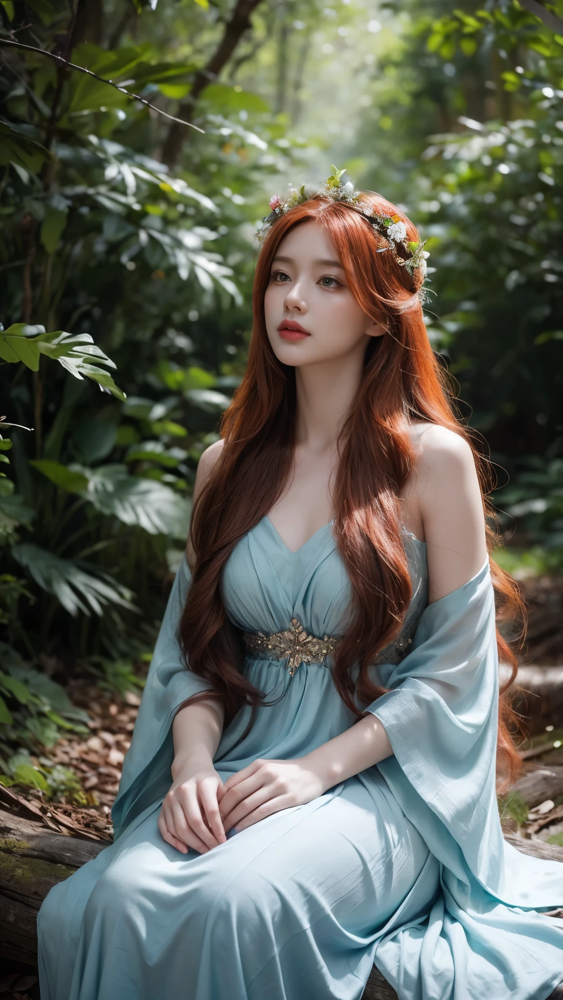 Create a hyper-realistic, enchanting image of a beautiful young woman with long, flowing red hair, wearing an elegant, flower-adorned blue dress. She sits gracefully in a mystical forest, surrounded by a magical, serene atmosphere. Beside her, a majestic red fox with vibrant orange fur sits attentively, looking up at her. The forest is filled with lush greenery, blooming flowers, and soft, ethereal light filtering through the trees, creating a dreamy and fairytale-like setting. The woman's gentle expression and the fox's calm demeanor add to the enchanting mood of the scene.