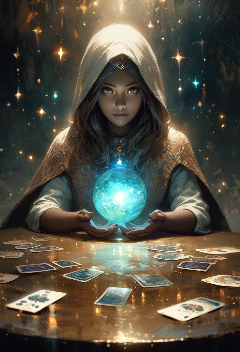 impressionism painting, realistic, 1girl, fortune teller, tarot cards at a table, looking at viewer, dark skin, mystical, magical, glow, glowing, dark magical lighting, moody, cinematic, sparkle, glittering, darkness