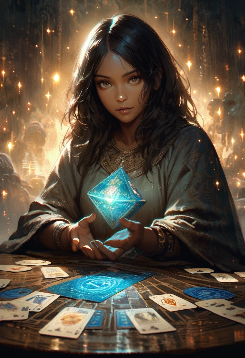 impressionism painting, realistic, 1girl, fortune teller, tarot cards at a table, looking at viewer, dark skin, mystical, magical, glow, glowing, dark magical lighting, moody, cinematic, sparkle, glittering, darkness