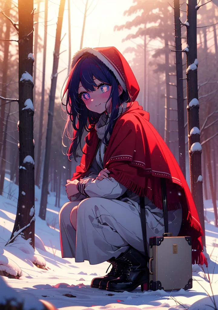 aihoshino, Ai Hoshino, Long Hair, bangs, (Purple eyes:1.1), Purple Hair, (Symbol-shaped pupil:1.5), smile,,smile,blush,white breath,
Open your mouth,snow,Ground bonfire, Outdoor, boots, snowing, From the side, wood, suitcase, Cape, Blurred, , forest, White handbag, nature, Squat, Mouth closed, Cape, winter, Written boundary depth, Black shoes, red Cape break looking at viewer, Upper Body, whole body, break Outdoor, forest, nature, break (masterpiece:1.2), Highest quality, High resolution, unity 8k wallpaper, (shape:0.8), (Beautiful and beautiful eyes:1.6), Highly detailed face, Perfect lighting, Extremely detailed CG, (Perfect hands, Perfect Anatomy),