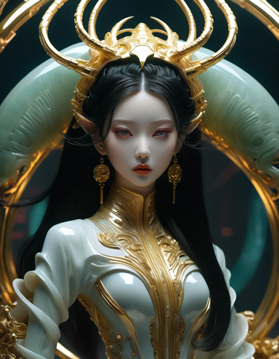 A fashion runway for alien technology , Exquisite face，vogue photography , Inspired by cyberpunk。(Best quality,4K,8k,A high resolution,Masterpiece:1.2), (Realistic,Photorealistic,photo-realistic:1.37).Gold inlaid jade style，Shiny，Exquisite，Hell Girl，long black hair , full body portrait ,Riding the Ruby Monster