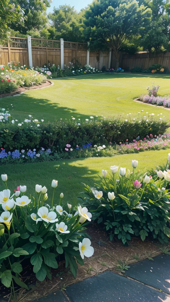 There are many white flowers blooming in the garden fence,green,,Blue-red,Colorful double eustoma flowers,Hyperreal, Ultra HD , Green leaves, There are light water droplets on the leaves and flowers , Fresh and beautiful, Ultra-high quality