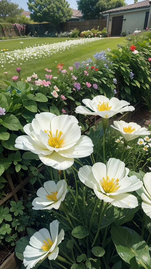 There are many white flowers blooming in the garden fence，green，，Blue-red，Colorful double eustoma flowers,Hyperreal, Ultra HD , Green leaves, There are light water droplets on the leaves and flowers , Fresh and beautiful, Ultra-high quality