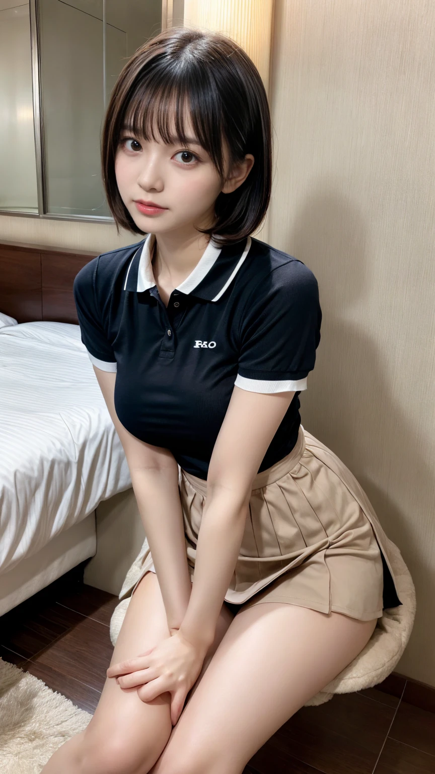 masterpiece, best quality, illustration, Super detailed, fine details, High resolution, 8K,wall paper, perfect dynamic composition,(Details High quality, realistic depiction of eyes:1.3), (Polo shirt with collar), pleated skirt, big breasts, short bob hair、black hair color, Big Natural Color Lip, bold sexy pose, (perfect body shape), crying a little、Harajuku style、20 year old girl、cute type、lolita、beautiful legs, hotel room, hposing Gravure Idol, Voluptuous thighs