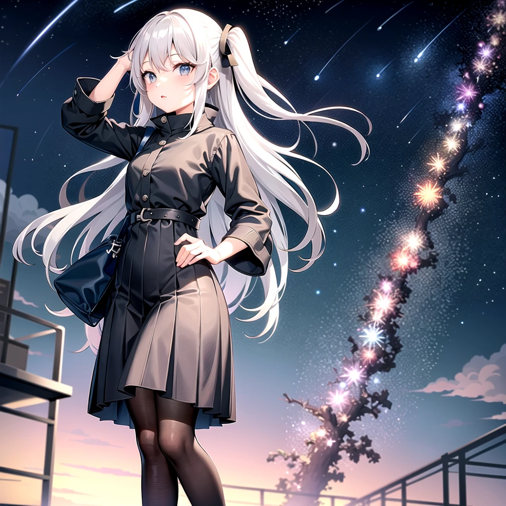 The background is the city, perfect Gray-haired girl, , Gray-haired, Gray-haired god, Cute anime waifu in beautiful clothes, Gray-haired, Best anime 4k konachan wallpaper, Small Curvy , Pixiv ArtStation の guvez, Gray-haired girl, Nightcore, Standing on a tree, Look up at the stars, The face is very detailed、One Girl