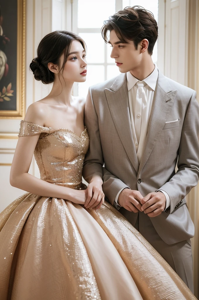 Beautiful and gentle ladies and handsome and cool men，Sweet atmosphere，Two people standing in the mansion，Perfect face，bust，Haute couture dresses