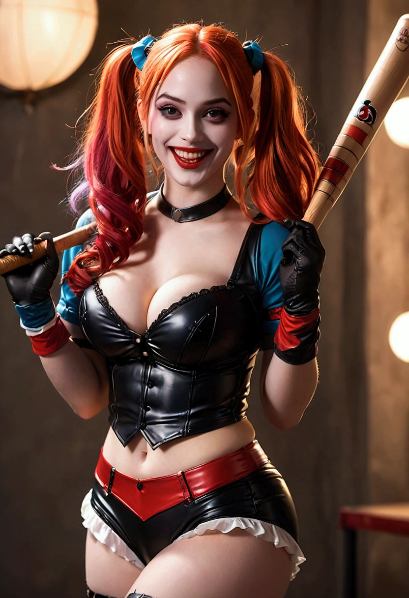 ultra realistic, photography, long red hair, girl, 24 years old, hourglass figure, perfect body, Flirty look, extremely detailed artgerm, in the style artgerm, small breasts, facing the camera, lens 35 mm, blur background, Harley Quinn costume, costume party as background, holding a baseballbat, laughing