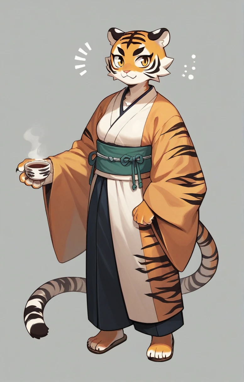 the anime character ,((furry tiger girl,kawaii,)) , wearing (white and Black Patterns Japanese garment) and (袴), ((don't have anything)) , (A cup), full body --ar 4:7 --s 40