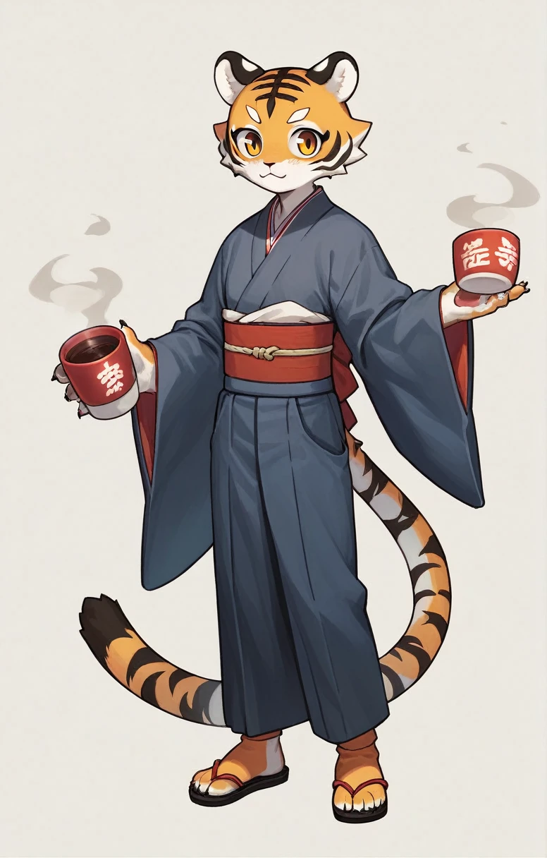 the anime character ,((furry tiger girl,kawaii,)) , wearing (white and Black Patterns Japanese garment) and (袴), ((don't have anything)) , (A cup), full body --ar 4:7 --s 40