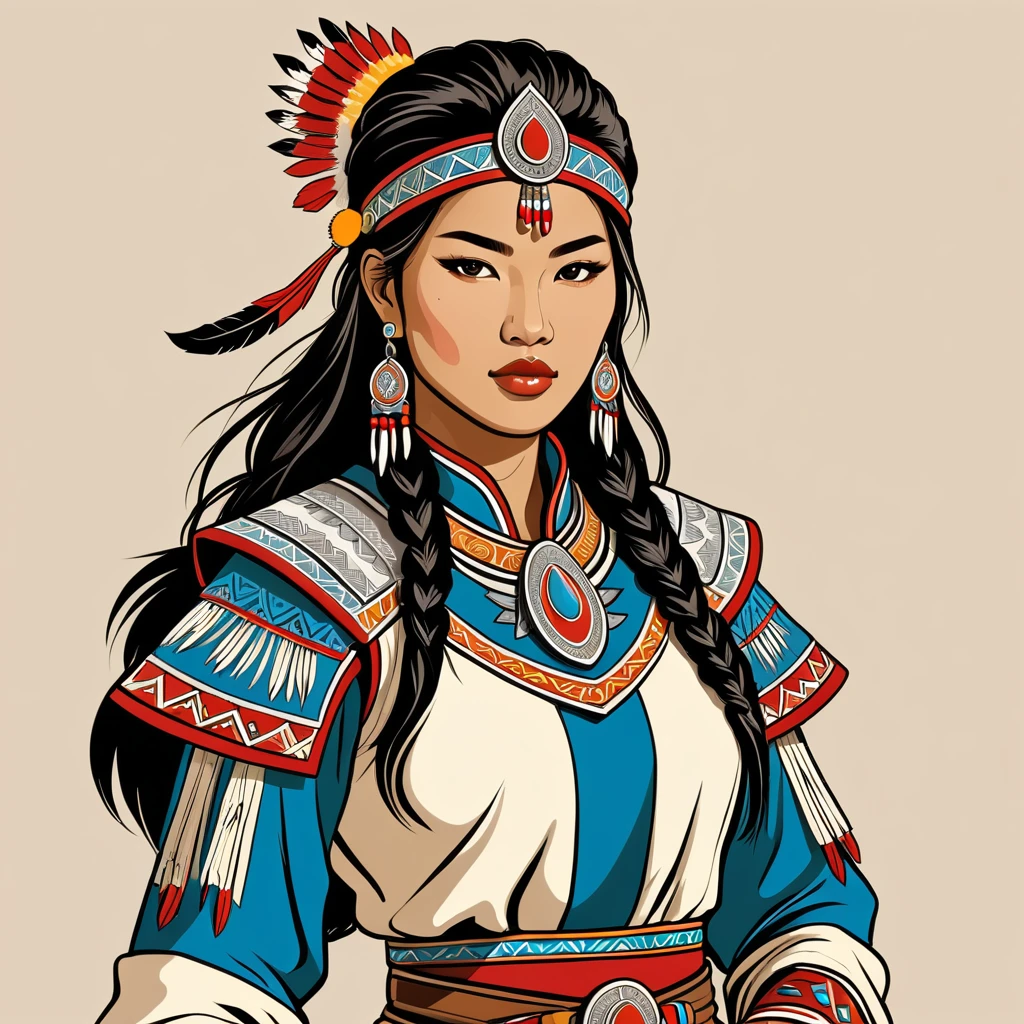 native american female warrior in mongolian folk outfit, vector graphics, strong contours