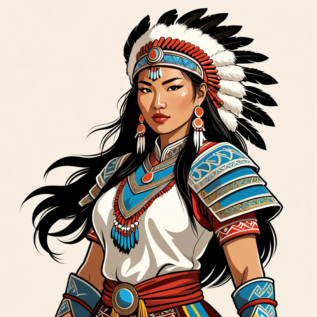 native american female warrior in mongolian folk outfit, vector graphics, strong contours