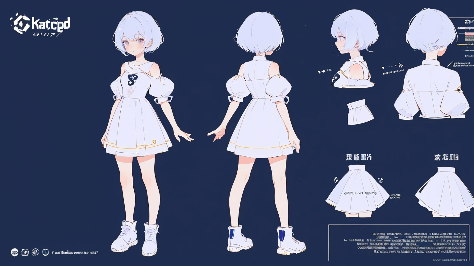 cute girl in a short gaming dress , short hairs, , full straight standing pose, 14yo student, Character Sheet, Full body, Simple white background, character reference sheet, Concept art, design sheet, HD, 4k