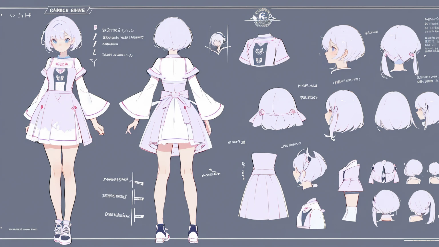 cute girl in a short gaming dress , short hairs, , full straight standing pose, 14yo student, Character Sheet, Full body, Simple white background, character reference sheet, Concept art, design sheet, HD, 4k