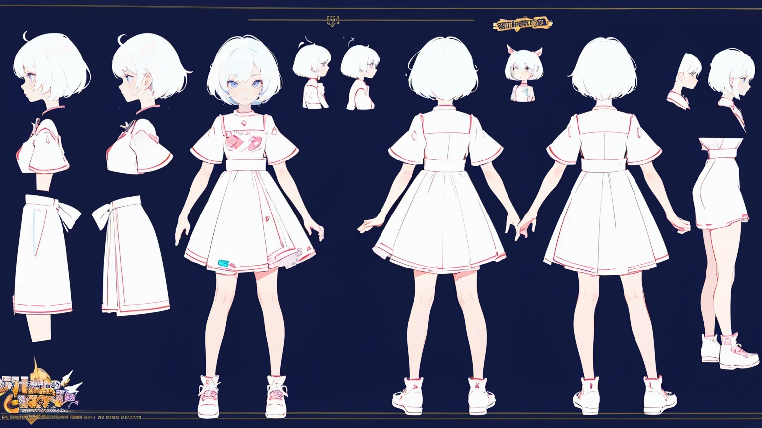 cute girl in a short gaming dress , short hairs, , full straight standing pose, 14yo student, Character Sheet, Full body, Simple white background, character reference sheet, Concept art, design sheet, HD, 4k