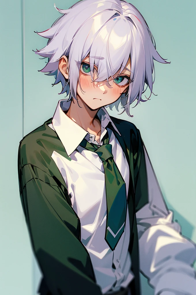 Boy, cute, cool, silver hair, tie, college student, androgynous, green, droopy eyes, kind, plain clothes, mash hair, blush,