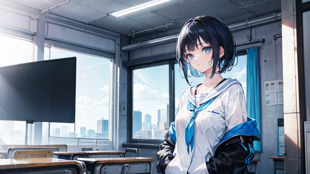 one girl, short mixed blue and black hair, light blue eyes, looking at the viewer, hands in her pockets, in her classroom, high resolution, 8k image,