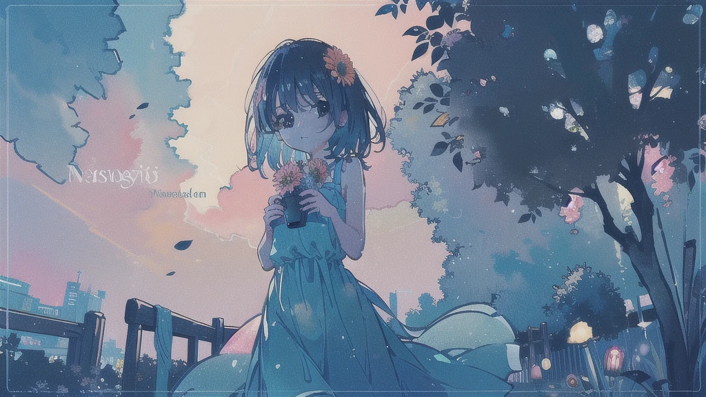 (watercolor), (low contrast), (face, cowboy shot, 1 girl, sundress, look at viewer), (flower garden), nostalgic