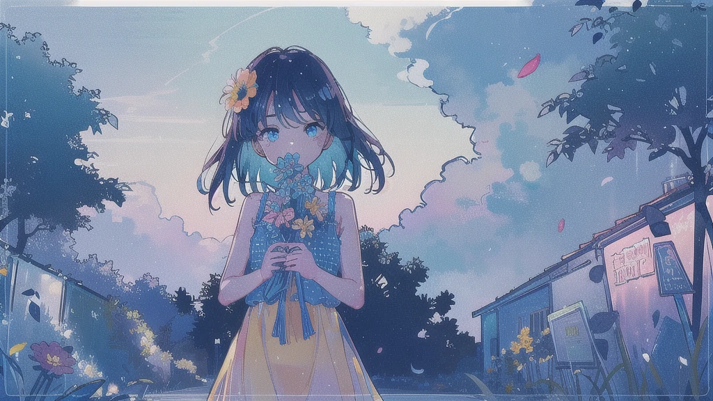 (watercolor), (low contrast), (face, cowboy shot, 1 girl, sundress, look at viewer), (flower garden), nostalgic