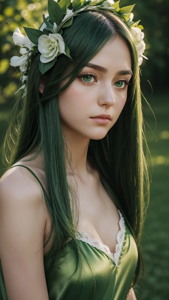 a girl. face sent feeling. Europe. Oval face. long face. delicate facial features. sad eyes. seductively seductive. green eyes. long straight hair. green hair. sad expression. wreath on head. green silk nightgown. straight face. shy stance. outdoor