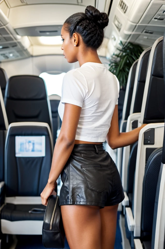 black woman hair in a bun, black leather short shorts, white tshirt, on a plane camera in her buttcrack