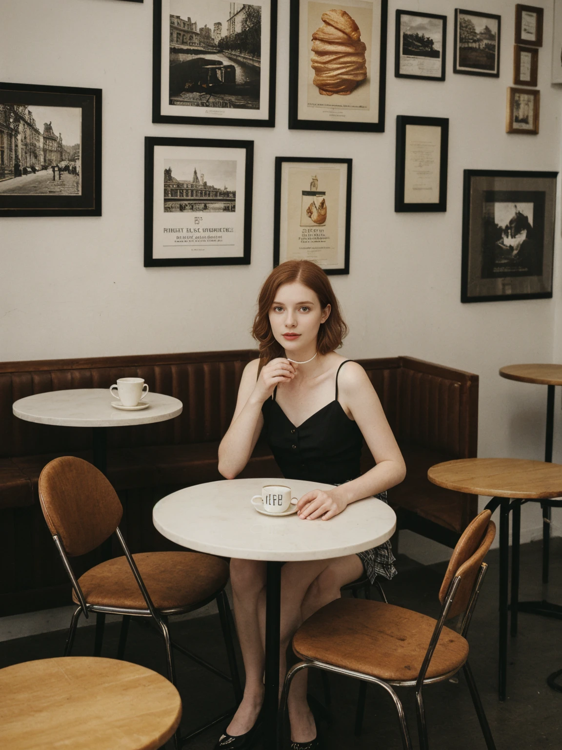 her name is Elle, high quality, 1girl, ((20-year-old fit Caucasian woman)), ((20 years old)), ((thin belly,fit)), ((pale skin)), short length straight auburn hair , wearingRuched Front Satin Blouse + High-Waisted Asymmetrical Skirt, pose: sitting on a chair, background: Describe the cozy interior of a Parisian café, with its small round tables topped with checkered tablecloths, wrought iron chairs, vintage posters adorning the walls, and the aroma of freshly brewed coffee mingling with the scent of freshly baked croissants.