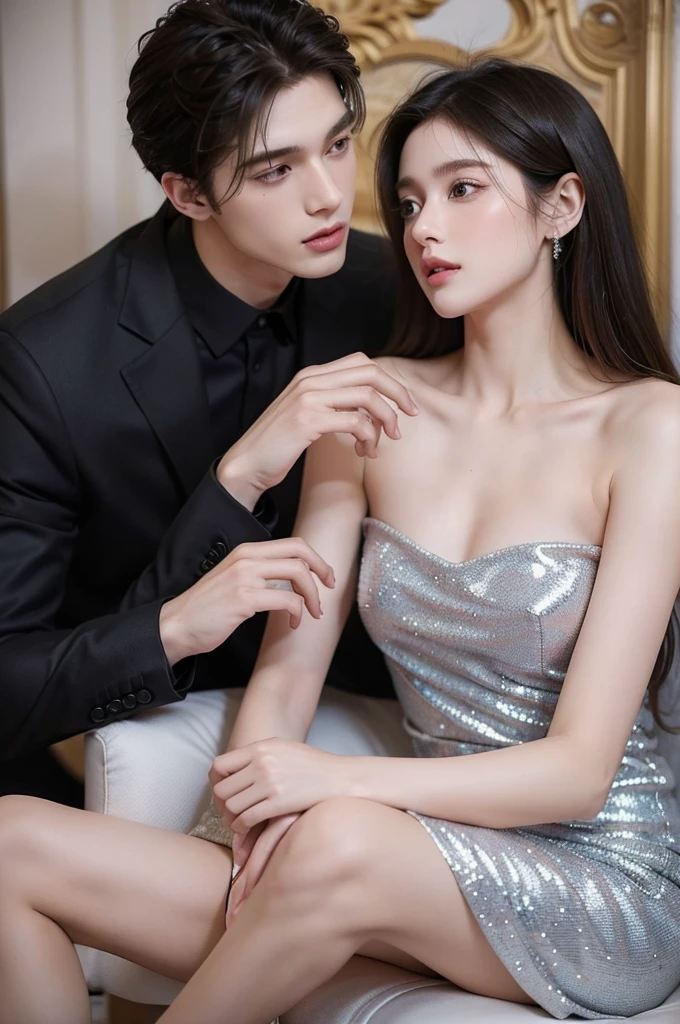 Beautiful and gentle ladies and handsome and cool men，Sweet atmosphere，Perfect face，bust，Haute couture dresses