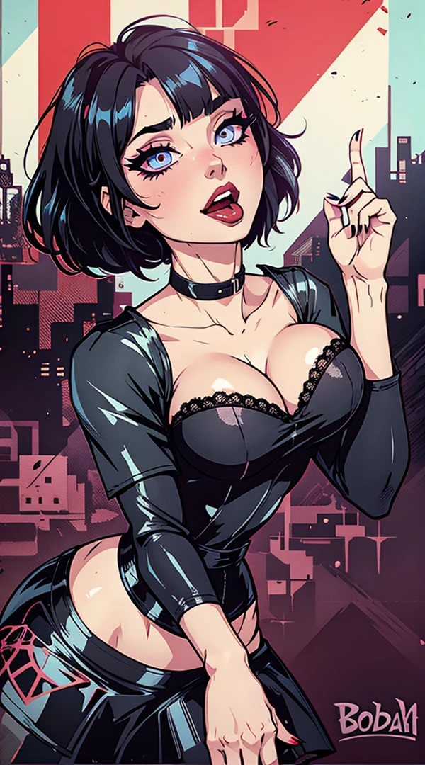 Beauty gothic girl night black Blouse v-neckline, leather skirt, thights, Wide legs Small waist, wide big hips, model pose, only two Arms With a red bow making an ahegao face with Crossed eyes and Tongue out with drool drops, with bigtits and stimulating a huge penis between her breasts