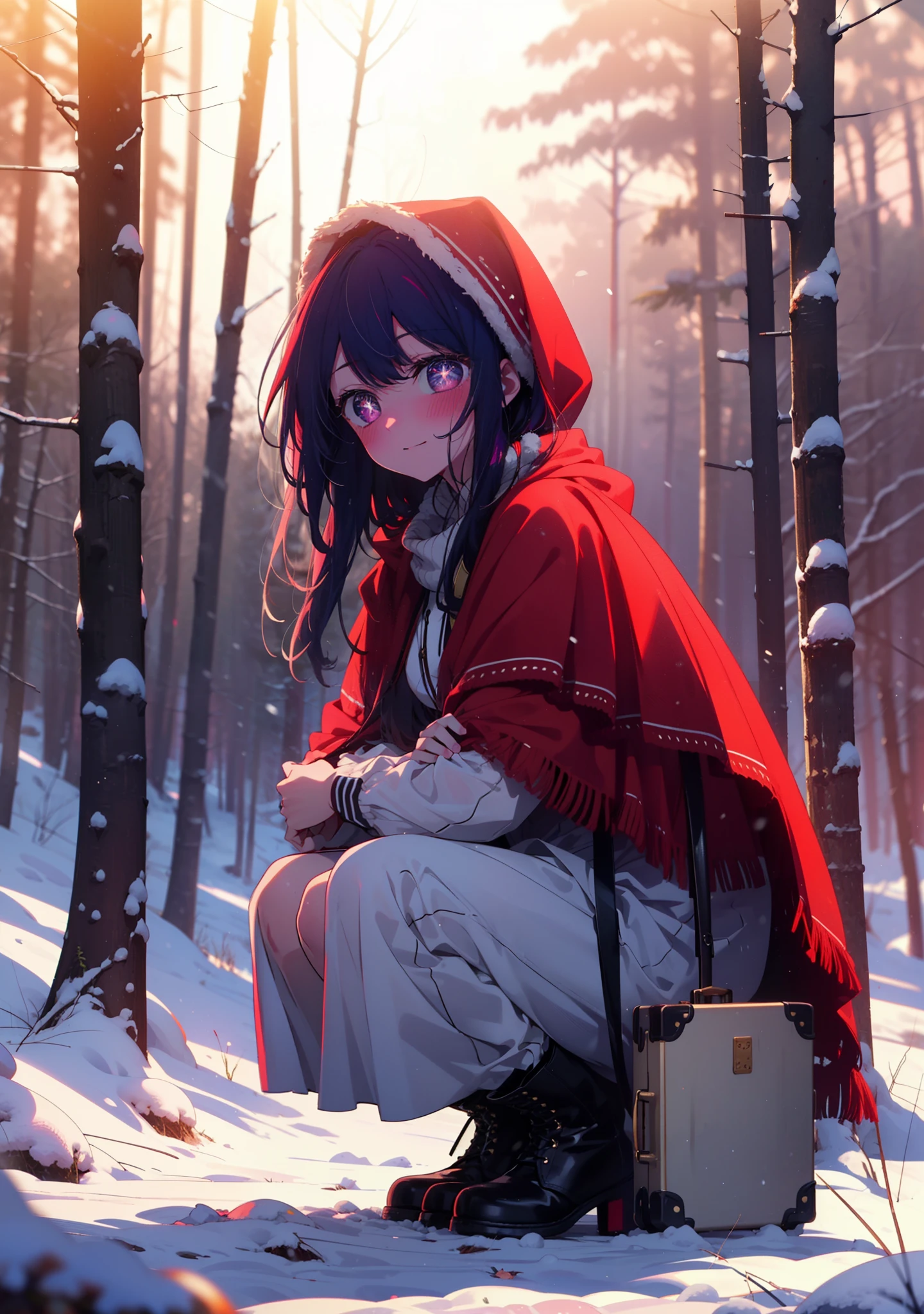 aihoshino, Ai Hoshino, Long Hair, bangs, (Purple eyes:1.1), Purple Hair, (Symbol-shaped pupil:1.5), smile,,smile,blush,white breath,
Open your mouth,snow,Ground bonfire, Outdoor, boots, snowing, From the side, wood, suitcase, Cape, Blurred, , forest, White handbag, nature,  Squat, Mouth closed, Cape, winter, Written boundary depth, Black shoes, red Cape break looking at viewer, Upper Body, whole body, break Outdoor, forest, nature, break (masterpiece:1.2), Highest quality, High resolution, unity 8k wallpaper, (shape:0.8), (Beautiful and beautiful eyes:1.6), Highly detailed face, Perfect lighting, Extremely detailed CG, (Perfect hands, Perfect Anatomy),
