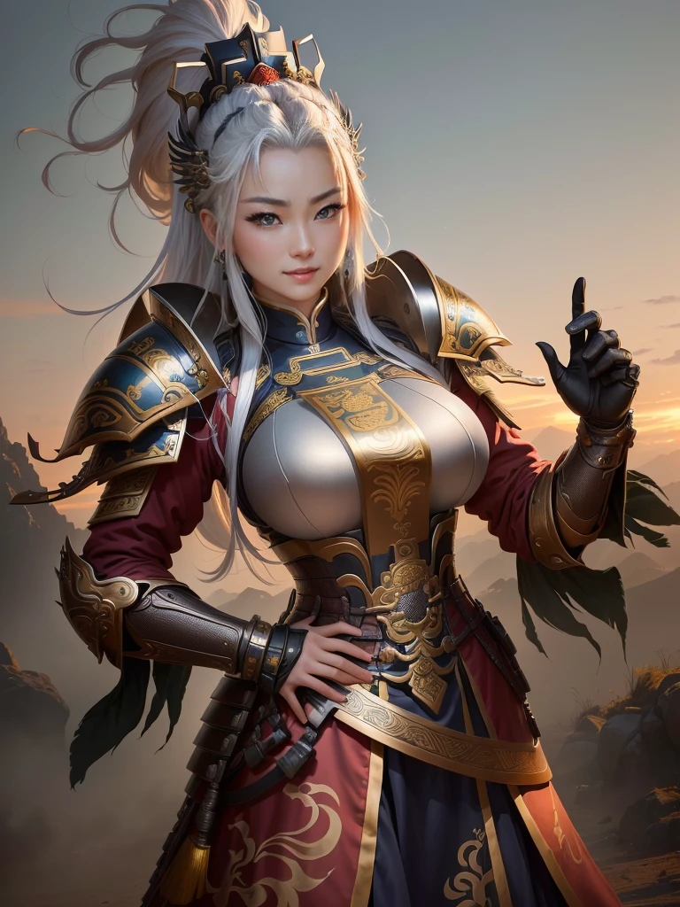 a woman in armor with a helmet with mohawk, inspired by Li Kan, guan yu, inspired by Hu Zaobin, inspired by Huang Shen, inspired by Huang Ding, inspired by Wu Bin, bian lian, inspired by Li Gonglin, chinese three kingdoms, inspired by Li Cheng, genghis khan, inspired by Pu Hua, Highly detailed CG unit 8k wallpaper, masterpiece, High resolution, highest quality, highest quality real texture skin, Super Real, Digital Painting, Best image quality, 最High resolution, 8k, (((Highly detailed eyes and face, Beautiful eyes every detail))), disproportionate breasts, huge breasts, sagging breasts, gigantic breasts, grin, ガッツポーズをしている, 腕を組んでいる,