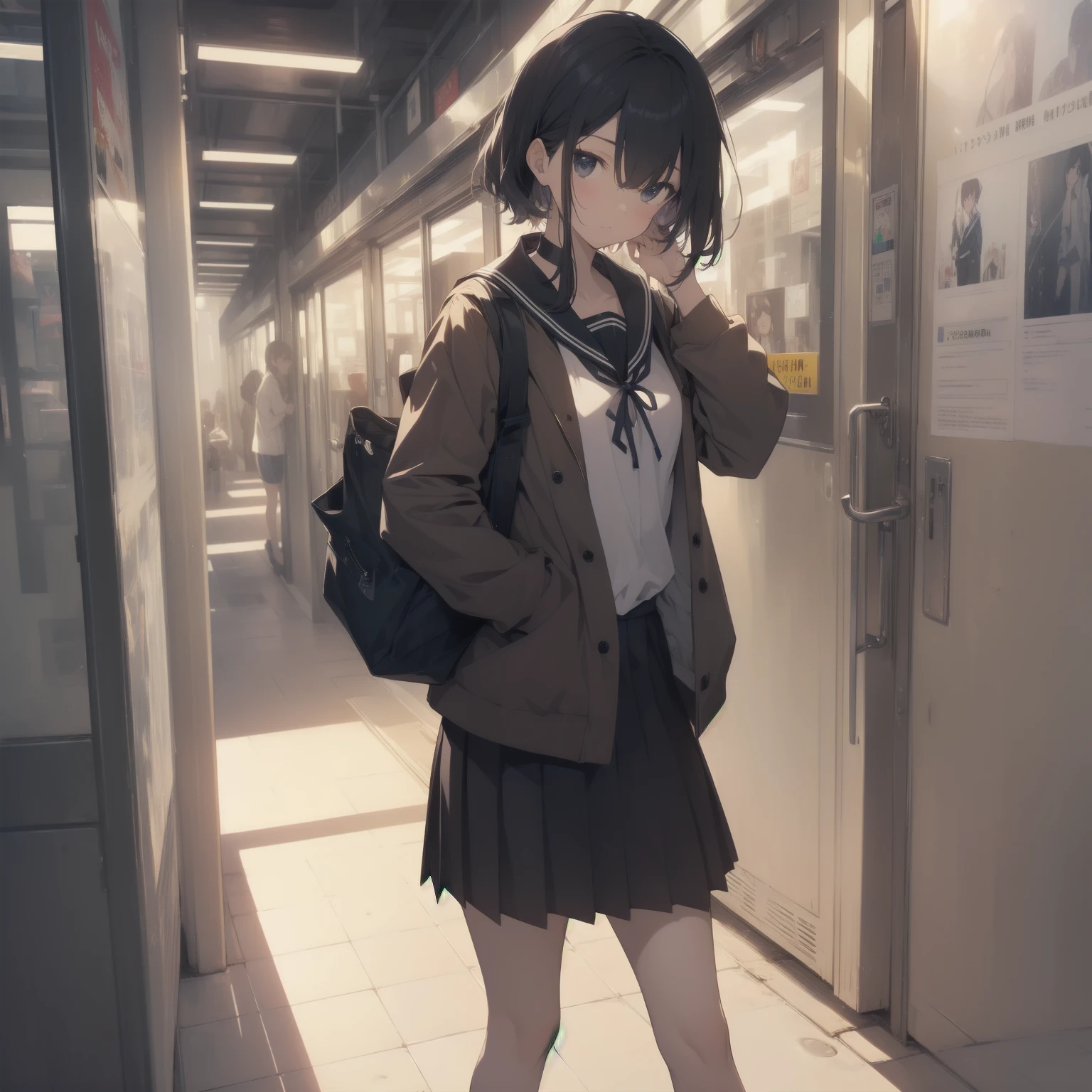 ultra-absurdres-Top quality by artist God, ultra-detailed, high resolution, anime moe artstyle, best anime 8k konachan wallpaper, pixiv contest winner, pool:2810, perfect anatomy,break, 1girl, (Please draw a girl walking sleepily to school alone. )break,(Solo,little female, 13-year-old:1.3),Full limbs, complete fingers,a junior high school student, (very short hair), short cut, flat chest, , small butt, small black eyes, beautiful detailed eyes, well-proportioned iris and pupils, expressive eyes, highres detailed hair, soft expression, salor school_uniform, sailor collar, serahuku, bow, pleated skirt,(Detailed Lighting), (Detailed background), in the School commute route. break,super detailed skin, Best cinematic lighting powered by famous artist, 8k,beauty illustration,photoshop_(medium),very aesthetic,break,((artist:yuuhagi_(amaretto-no-natsu) )), artist:clamp ,artist:carnelian ,artist:kantoku ,