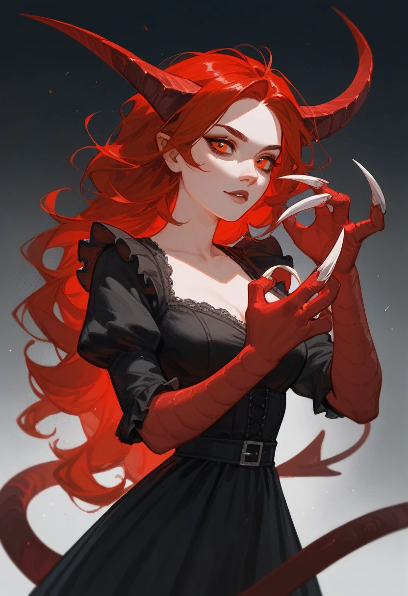 (score_9,score_8_climb,score_7_climb),1 girl,Devil Girl,red hair,conjunctivitis,wing,claw,black dress,beautiful_face,