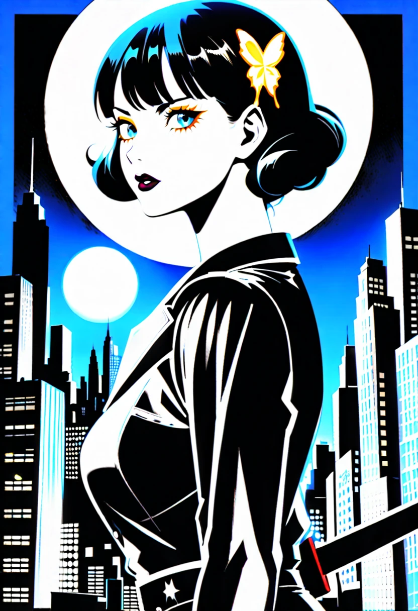 /imagine prompt: A woman in her 30s with wavy black hair pinned with a butterfly clip, black lips, gray eyes, exuding a beautiful young English Gothic appearance. She wears a tight white top, a black leather biker jacket, a vinyl skirt, and long boots, carrying a large sword. Set in 1950s New York, she stands in the cityscape under the full moon, Illustration, detailed digital art capturing the Gothic vampire girl's striking presence in her 1950s New York setting under the full moon, --ar 16:9