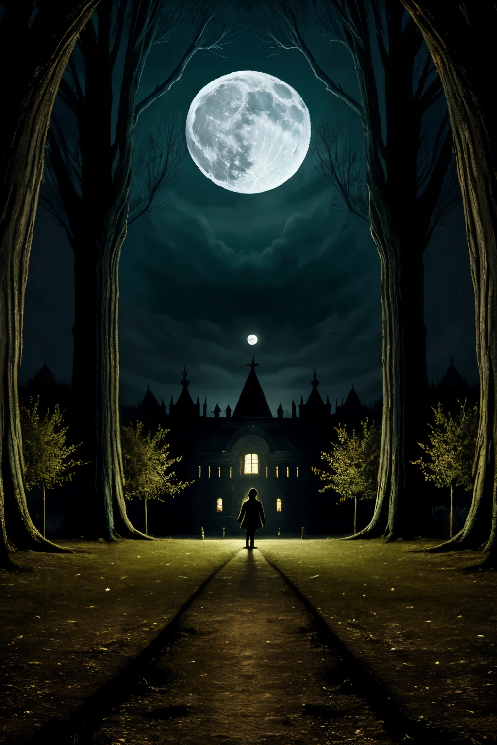 ((best quality)), ((masterpiece)), (detailed), very spooky monsters random evil shapes, is standing beside the samitarium, dark nights(bokeh lights) full moon and there are so many big trees, leap on the ground, stones