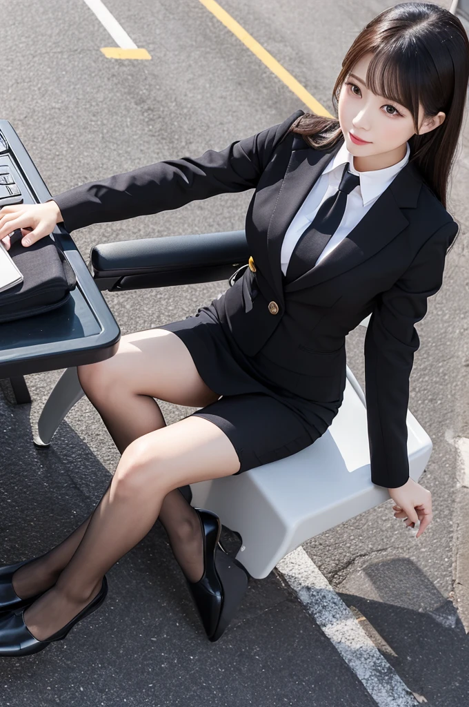 best qualtiy, Full body like Refined face, pretty face, 25 years old woman, slimfigure, Smaller bust, office lady uniform Office wear, black lence stockings, Outdoor scene, Sit Pose yellow long hair