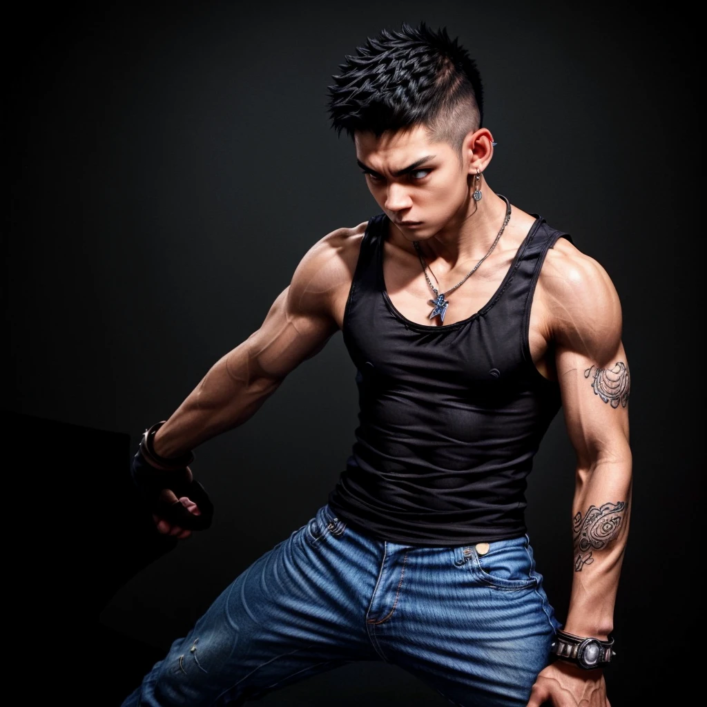(((simple Black tank top)))、((Cover your nose and neck with a paisley pattern cloth))、Denim pants、sneakers、Tattoo、Muscular、necklace、(Glowering look、furious)、Alley、undercut hair、Spiky hair、((fighting stance))、16 years old、((full body))