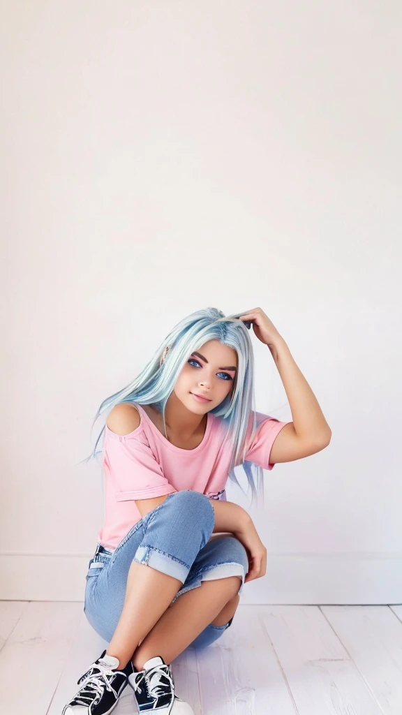 Make a realistic real life by looking the picture that I give you. A Girl with Blue eye white hair as long as her waist,  pretty is written on the pink tshirt, very short blue jeans with black shoes with white line stripe on the sides 
