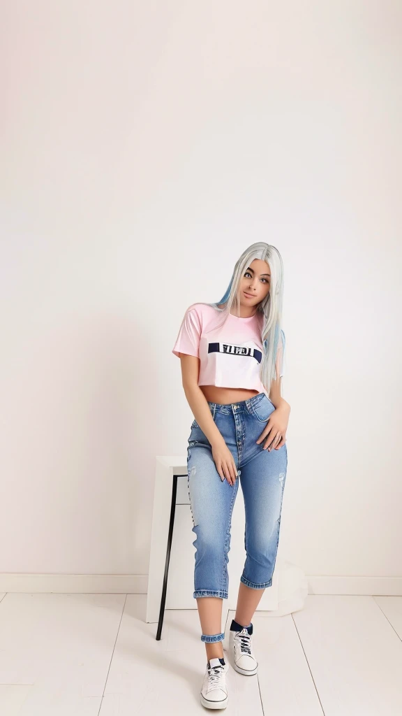 Make a realistic real life by looking the picture that I give you. A Girl with Blue eye white hair as long as her waist, pretty is written on the pink tshirt, very short blue jeans with black shoes with white line stripe on the sides