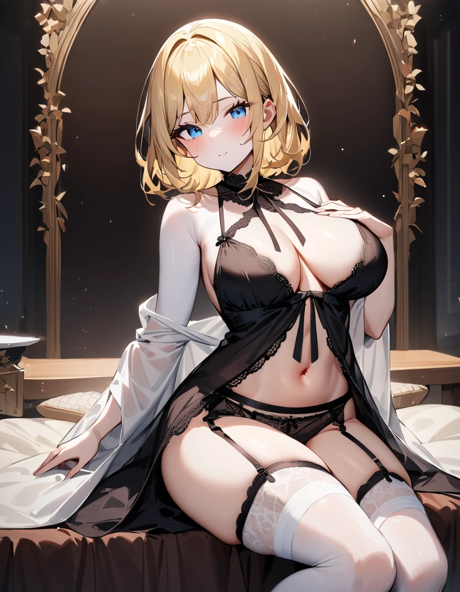 (masterpiece, best quality, very aesthetic, absurdres, :1.2), (1girl, blonde hair,:1.3), She wears an open nightgown with white lace garter belt. The nightgown has a bold cutout design at the bust, revealing her large bust. The lace at the chest elegantly frames the bottom and sides of the bust, leaving the top and center of the bust completely exposed. The lace frame accentuates the bust, highlighting the size and shape of her bust. The A-line silhouette gracefully shows off the waistline, and the soft lace feels comfortable against her white skin. The garter belt fits snugly around her thighs, and the garter stockings make her legs look even more beautiful. The garter straps draw the eye down to her legs, bringing out the charm of her thighs to the fullest. Her thighs, peeking out from the short length of the nightgown, give off a sensual charm that will steal the viewer's heart. The back style is tied with a ribbon, which sways lightly as she moves. The knot of the ribbon decorates her back, highlighting her beautiful white skin, blonde hair, and blue eyes. Although the overall look is neat and tidy, the bold design is sure to catch your eye.