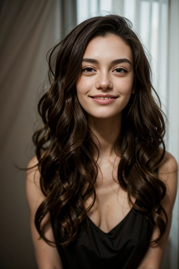 15 year old woman, long brown hair, professionally styled hair and makeup, model photoshoot, masterpiece, photorealistic, high definition, flowing black dress, photostudio, studio lighting, cinematic shot, raw photo, film grain, pale skin, freckles, wide hips, small head, tiny head, (((Broad shoulders))), Smiling, happy