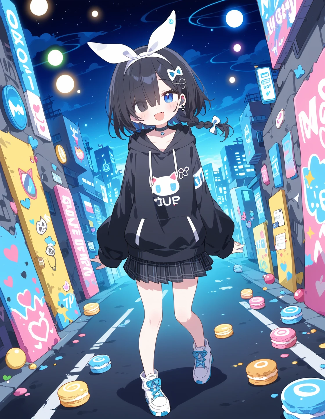 best quality, sweets, wonderland, wind, dynamic angle, looking at viewer, kawaii, promotional art, standing score_9, score_8_up, score_7_up,1girl, :d, menalin skin, blue eyes, black hair, blue shirt, braid, choker, hair over one eye, hairband, long sleeves, looking at viewer, open mouth, black hoodie, skirt, headset, smile, solo, white hairband, black skirt, busy futuristic street, night, graffiti on wall, full body picture.