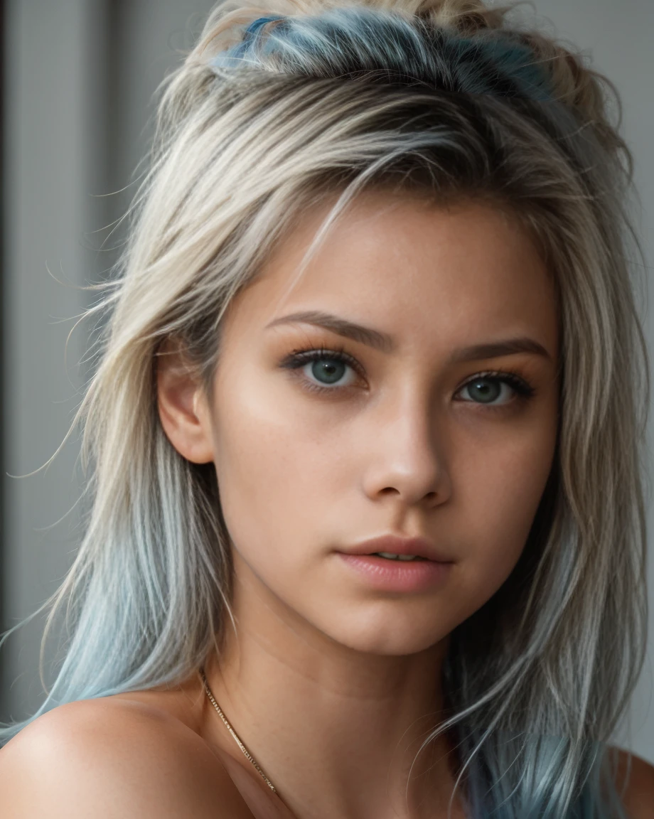 High resolution portrait of standing influencer looking at camera 30 year old beautiful nordic woman. She is shy. We need to see part of his bust. She has a very sexy and very refined face with Nordic features. She has fair skin. Her hair is very electric blue and tied back. His face is clear. His eyes are a captivating blue. The background is dark, which contrasts with her skin and blue hair. The lighting is soft and diffused, with no shadows on her face, highlighting the texture of her skin and the natural color of her hair. There is no text or logo visible in the image. 4K, UHD, ultra realistic image.