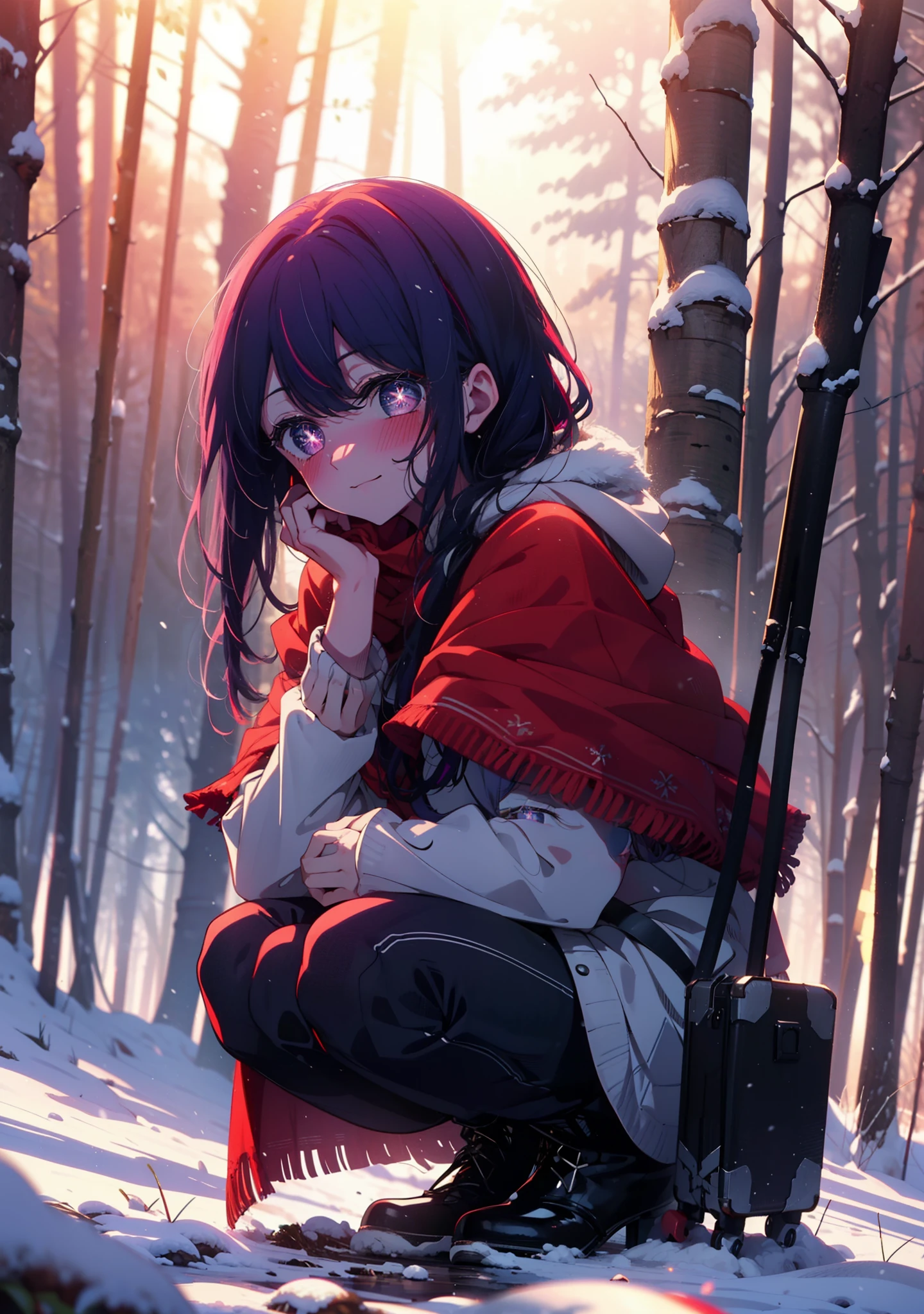 aihoshino, Ai Hoshino, Long Hair, bangs, (Purple eyes:1.1), Purple Hair, (Symbol-shaped pupil:1.5), smile,,smile,blush,white breath,
Open your mouth,snow,Ground bonfire, Outdoor, boots, snowing, From the side, wood, suitcase, Cape, Blurred, , forest, White handbag, nature, Squat, Mouth closed, Cape, winter, Written boundary depth, Black shoes, red Cape break looking at viewer, Upper Body, whole body, break Outdoor, forest, nature, break (masterpiece:1.2), Highest quality, High resolution, unity 8k wallpaper, (shape:0.8), (Beautiful and beautiful eyes:1.6), Highly detailed face, Perfect lighting, Extremely detailed CG, (Perfect hands, Perfect Anatomy),