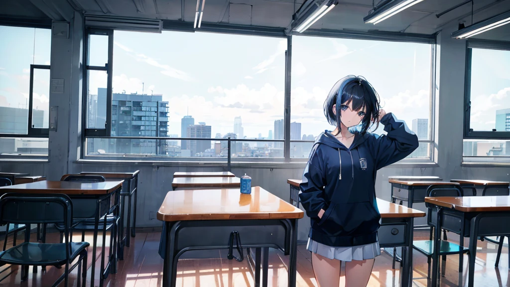 one girl, short mixed blue and black hair, light blue eyes, looking at the viewer, hands in her pockets, in her classroom, sitting on a desk, high resolution, 4k image, utlrasharp