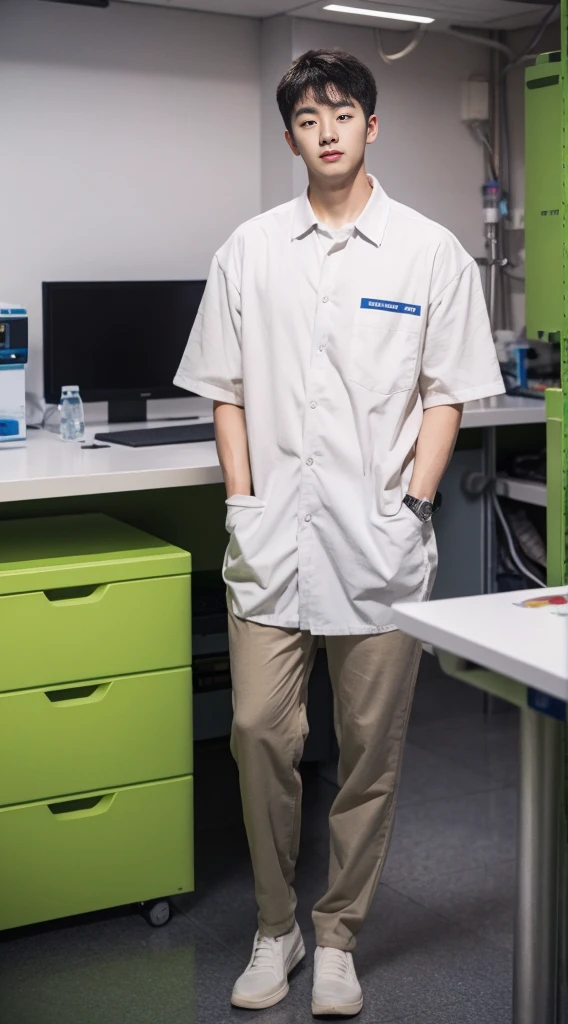 （8k，RAW photos，Best quality，nmasterpiece：1.2），（make realistic，photo realistic：1.37），In the lab，A guy，Wearing a white trigram，sideways standing，Whole human body，Professional attire