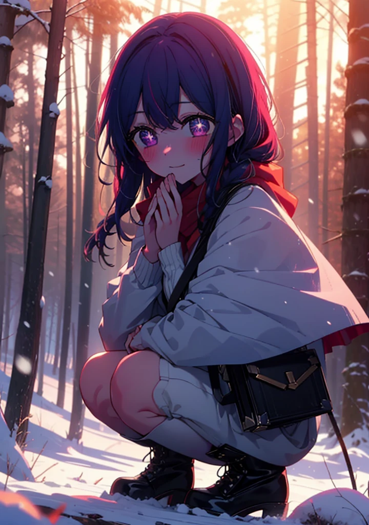 aihoshino, Ai Hoshino, Long Hair, bangs, (Purple eyes:1.1), Purple Hair, (Symbol-shaped pupil:1.5), smile,,smile,blush,white breath,
Open your mouth,snow,Ground bonfire, Outdoor, boots, snowing, From the side, wood, suitcase, Cape, Blurred, , forest, White handbag, nature,  Squat, Mouth closed, Cape, winter, Written boundary depth, Black shoes, red Cape break looking at viewer, Upper Body, whole body, break Outdoor, forest, nature, break (masterpiece:1.2), Highest quality, High resolution, unity 8k wallpaper, (shape:0.8), (Beautiful and beautiful eyes:1.6), Highly detailed face, Perfect lighting, Extremely detailed CG, (Perfect hands, Perfect Anatomy),