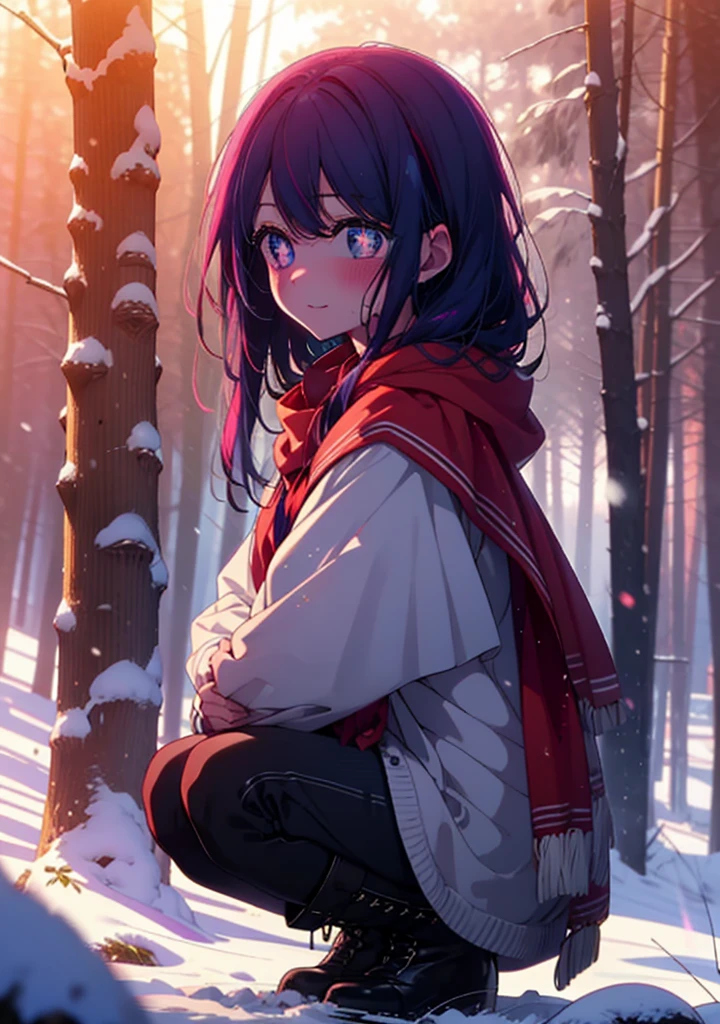aihoshino, Ai Hoshino, Long Hair, bangs, (Purple eyes:1.1), Purple Hair, (Symbol-shaped pupil:1.5), smile,,smile,blush,white breath,
Open your mouth,snow,Ground bonfire, Outdoor, boots, snowing, From the side, wood, suitcase, Cape, Blurred, , forest, White handbag, nature, Squat, Mouth closed, Cape, winter, Written boundary depth, Black shoes, red Cape break looking at viewer, Upper Body, whole body, break Outdoor, forest, nature, break (masterpiece:1.2), Highest quality, High resolution, unity 8k wallpaper, (shape:0.8), (Beautiful and beautiful eyes:1.6), Highly detailed face, Perfect lighting, Extremely detailed CG, (Perfect hands, Perfect Anatomy),