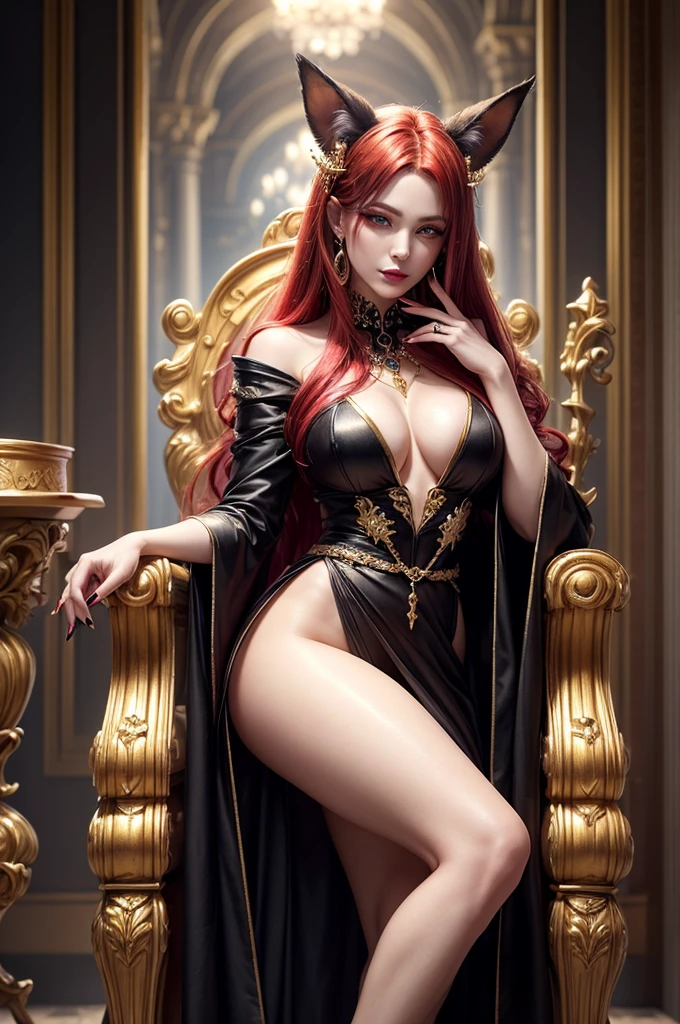 In the dark castle throne room on the huge royal throne in seductive pose siting beatiful demon queen, She have beautiful face with pink eyes rakr eye shadows and dark lipstick sexy make up, golden ring shape earrings on her ponty ears. she have long gorgeous bloody red hair.. dressed in majestic sexy black royal robe with golden metal parts, also she have tattoo all over her body her hands have lonf beautiful nails, (ultra high quality fantasy art, ghothic dark fantasy style, masterpiece, ultra high quality character design, 8k quality anime art, realistic anime art, top quality wallpaper illustration, detailed ultra high quality accurate face, high quality design and accurate physic)