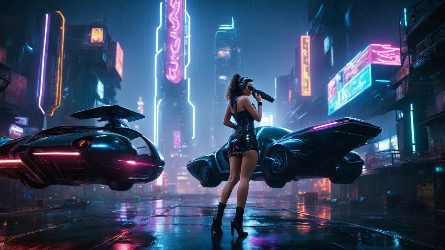 (aerial view, a flying cars docking platform, a very dark abandoned futuristic city, neon lights), rainy night. (((1girl, solo, alone))), large-breast:1.2 slim body, cleavage:1.1, sexy wind blowing wet dress:1.4, (((headphone, black sunglasses, standing and holding pistol:1.8, dynamic rushing pose))), (((((half-body thigh level medium shot))))), cinematic lighting, lens flare, ray tracing.