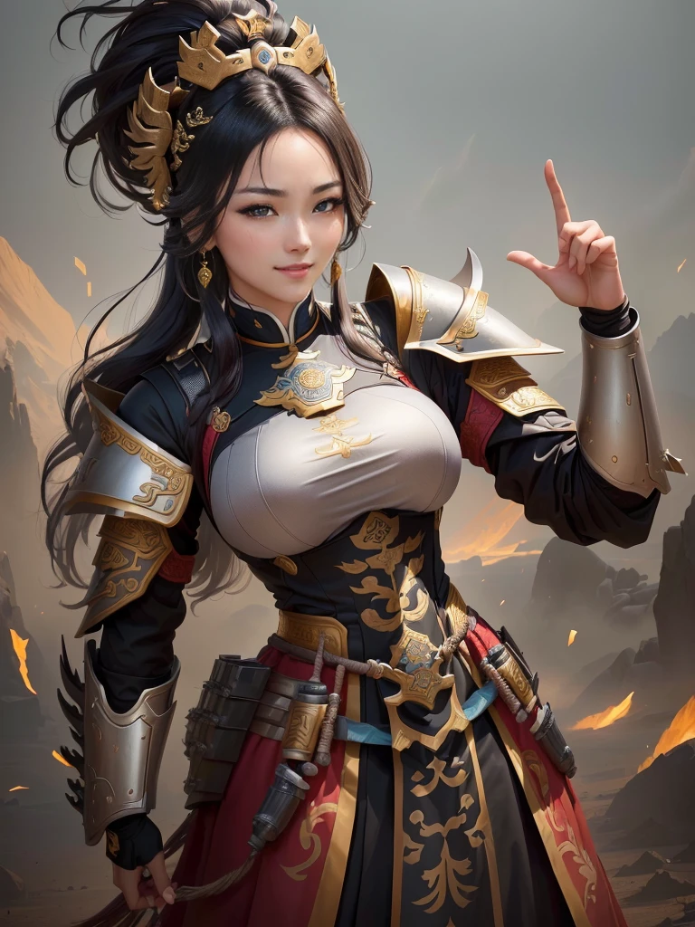a woman in armor with a helmet with mohawk, inspired by Li Kan, guan yu, inspired by Hu Zaobin, inspired by Huang Shen, inspired by Huang Ding, inspired by Wu Bin, bian lian, inspired by Li Gonglin, chinese three kingdoms, inspired by Li Cheng, genghis khan, inspired by Pu Hua, Highly detailed CG unit 8k wallpaper, masterpiece, High resolution, highest quality, highest quality real texture skin, Super Real, Digital Painting, Best image quality, 最High resolution, 8k, (((Highly detailed eyes and face, Beautiful eyes every detail))), disproportionate breasts, huge breasts, sagging breasts, gigantic breasts, grin, (ガッツポーズをしている, 腕を組んでいる, ), black hair,
